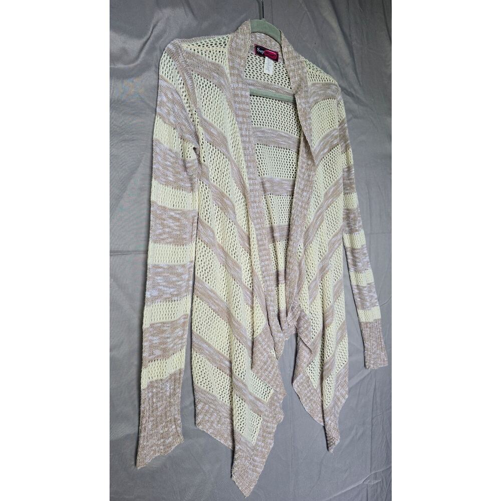Say What? Cardigan Sweater Juniors Medium Beige Stripe Open Knit Long Sleeve - Picture 2 of 8